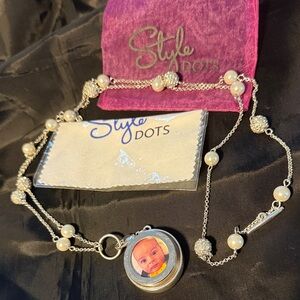 Style Dots long chain with pearl and rhinestone beads and photo pendant EUC